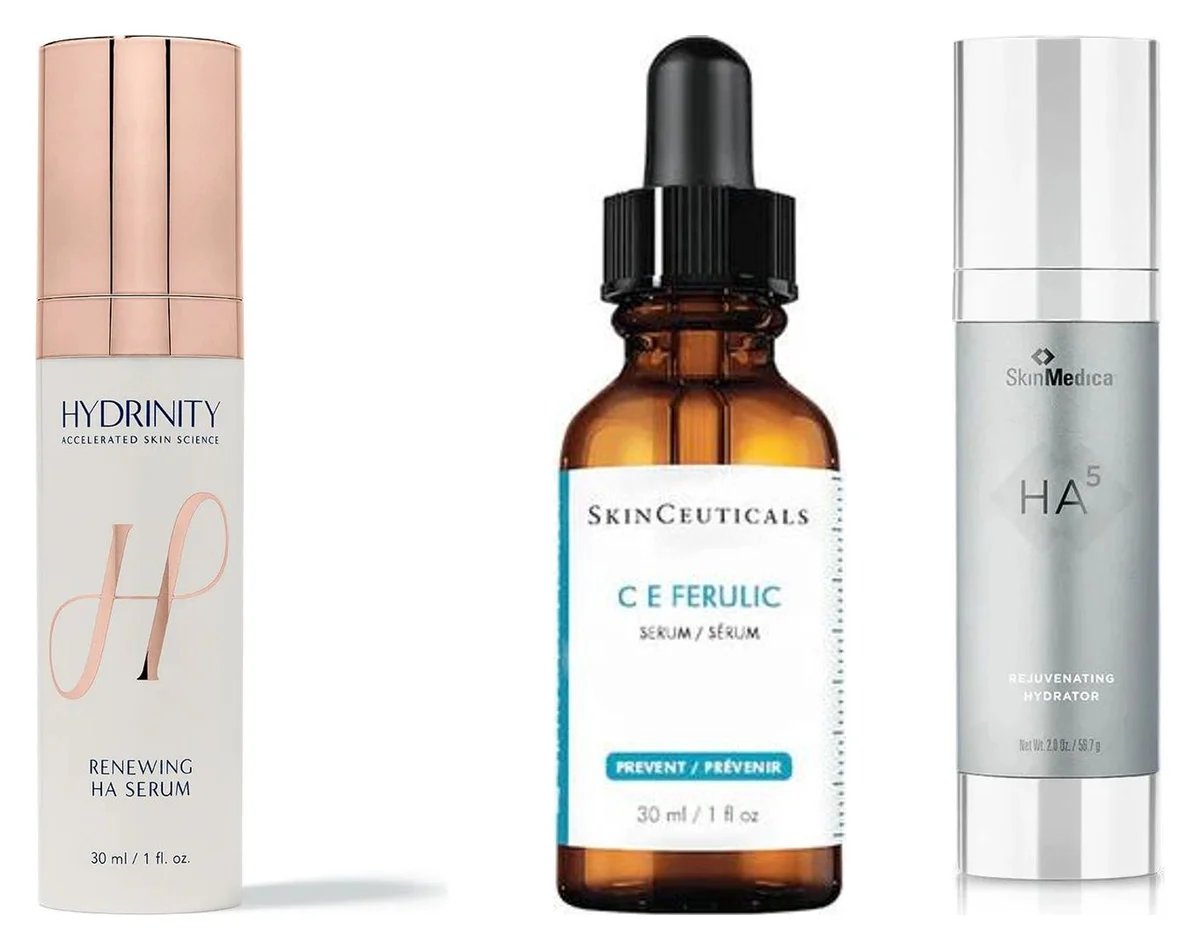 Hydrinity Renewing HA Serum, SkinCeuticals C E Ferulic and SkinMedica HA5, three of the lines the clinic stocks